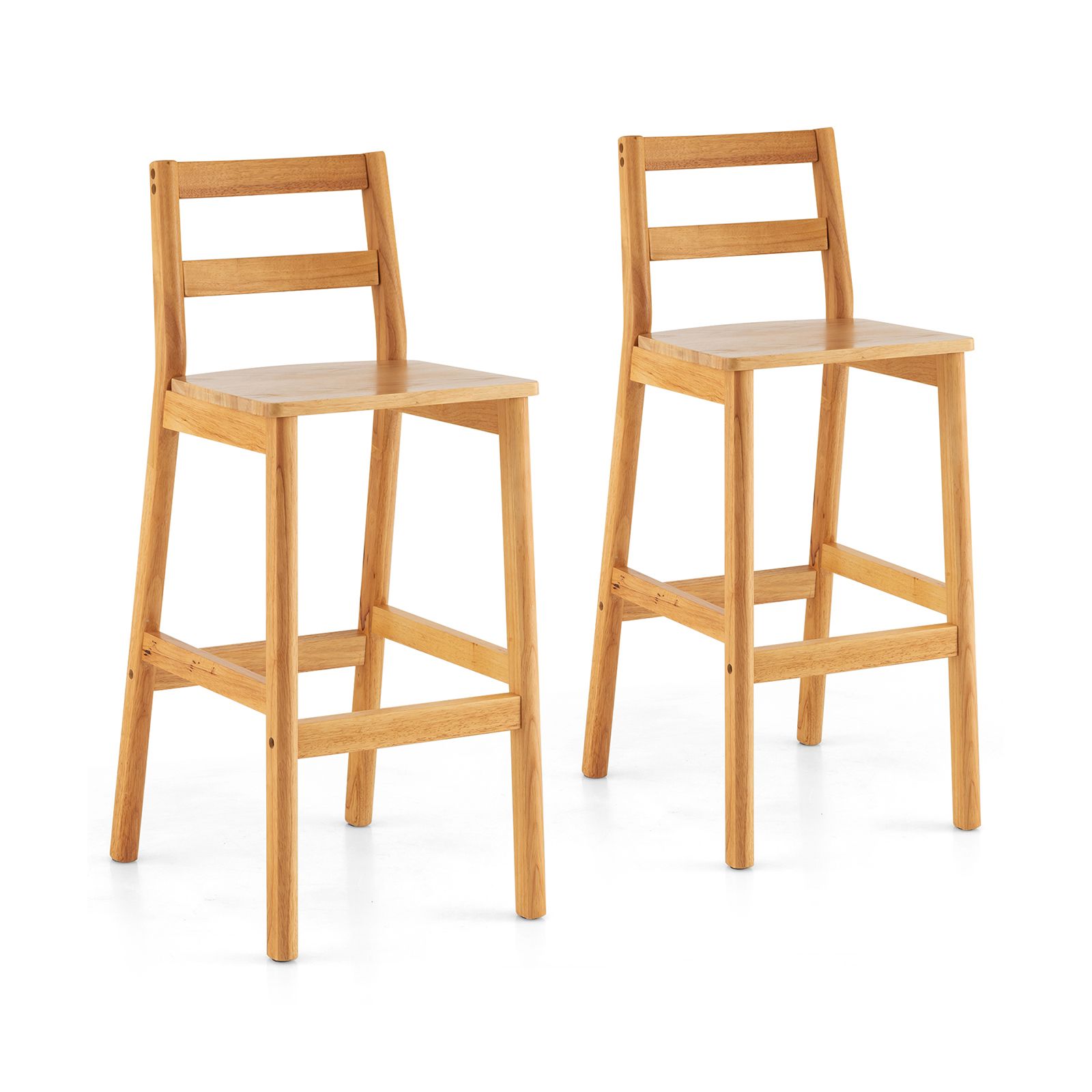 Set of 2 Rubber Wood Bar Stools with Backrest and Footrests